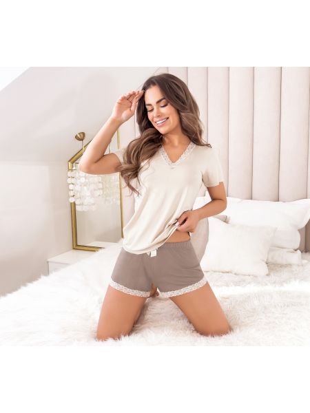 Pijama de señora con encaje - Daphne corto beige