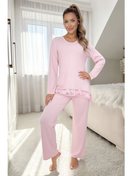 Pijama rosa de viscosa con encaje - Ramona Long, rosa purpurino